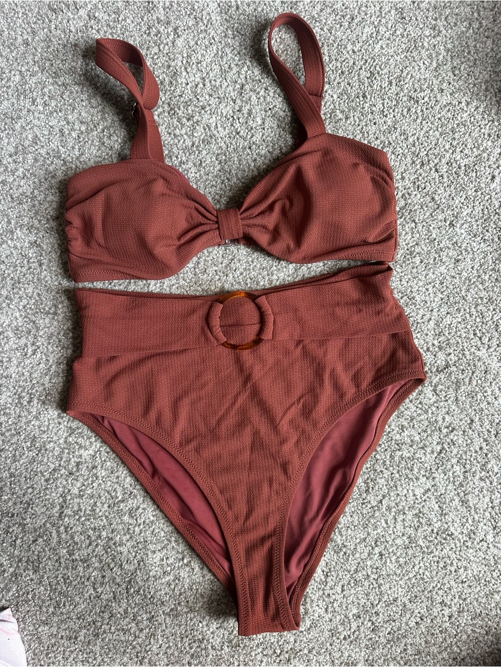 Cupshe Rust Brown Textured High-Waisted Bikini Set Size Medium